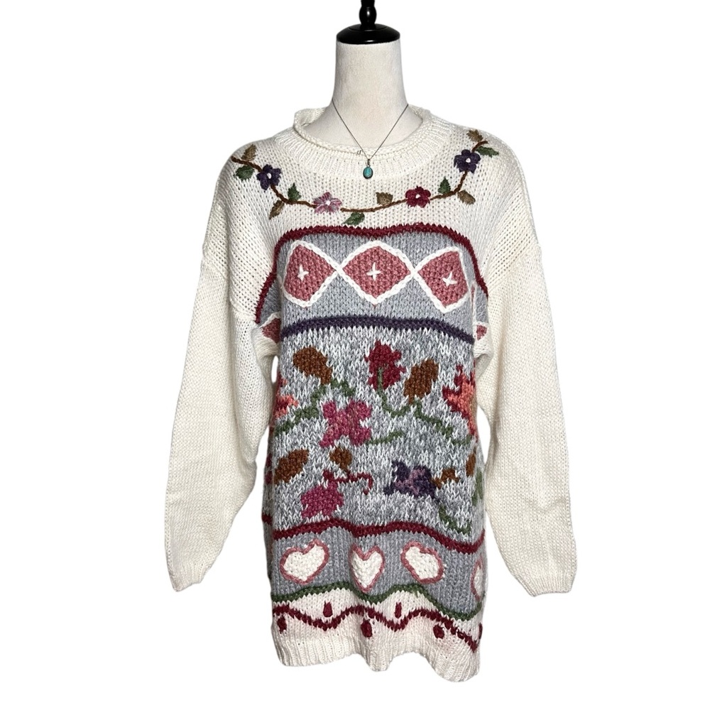 Vintage Cabin Creek Floral Heart Embroidered Knit Sweater Cottagecore Grannycore